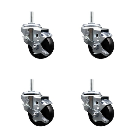 Soft Rubber Swivel Threaded Stem Caster Set of 4 w/3" x 1.25" Black Wheels and 3/4" Stems - Includes 4 with Top Lock Brakes - 700 lbs Total Capacity - Service Caster Brand